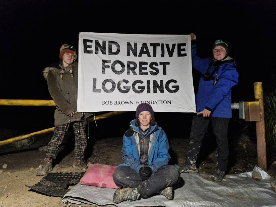 Protesters from the Bob Brown Foundation at the gates of a logging area in Takayna. Picture supplied 