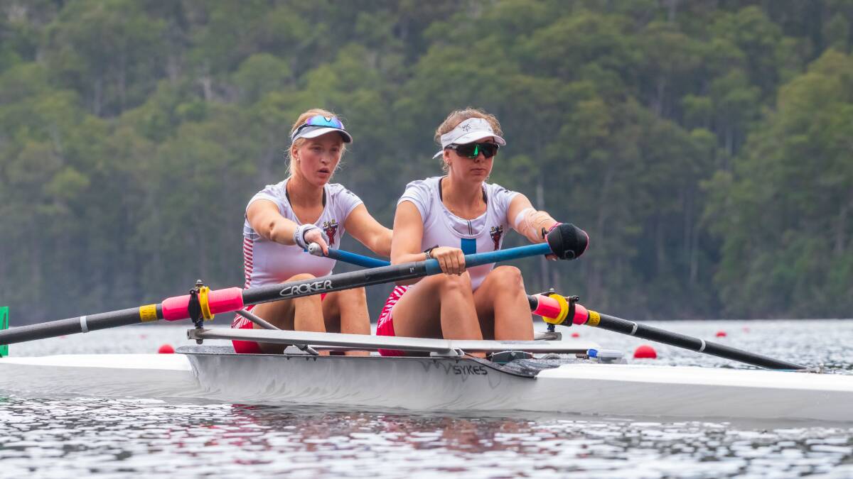 FOCUS: Alex Vuillermin and Alex Viney rowing at Lake Barrington during the Australian Rowing Championships in March. Picture: Sam Volker