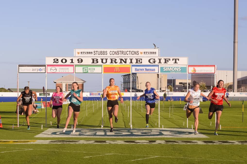 BIG FINISH: Morgan Gaffney (in the white) takes out the 2019 Burnie Women's Gift at West Park on Tuesday. Picture: Simon Sturzaker 