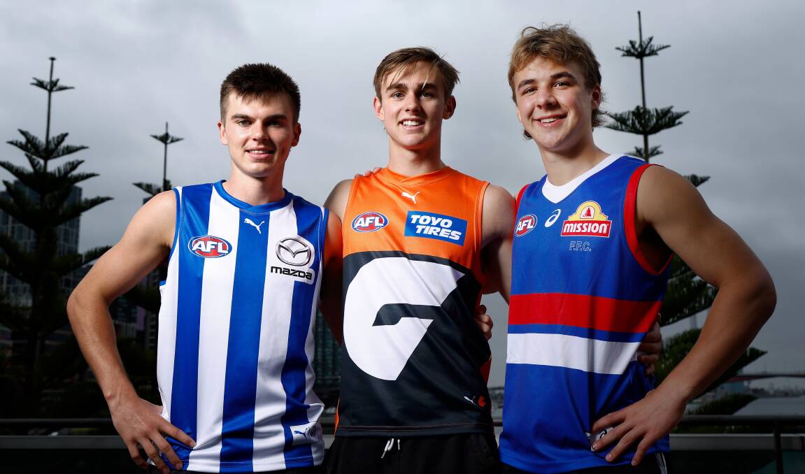 Colby McKercher (North Melbourne), James Leake (GWS) and Ryley Sanders (Western Bulldogs) were all first-round selections in a historic AFL draft for Tasmania and Launceston. Picture by Getty Images