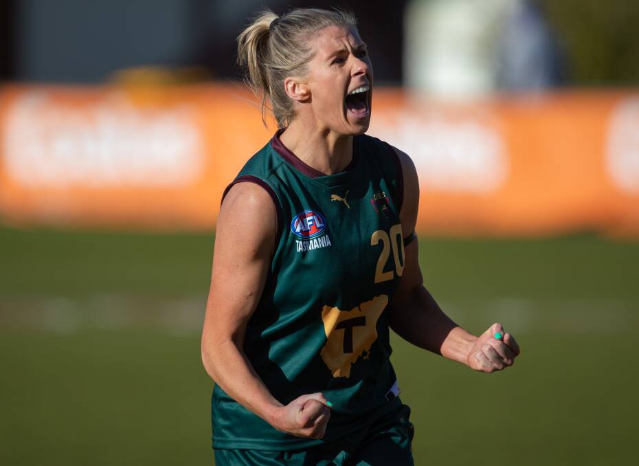 
Abbey Green celebrates a goal late in the game for Tasmania against Queensland on Saturday. Picture by Solstice Digital