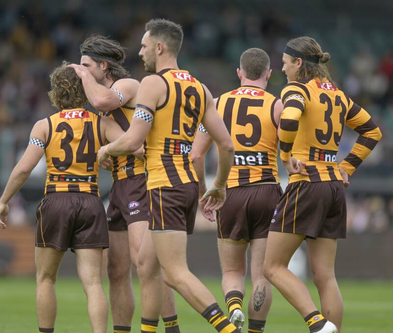 Hawthorn celebrate a Nick Watson goal. Picture by Craig George