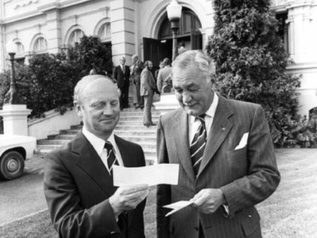 Minister Kevin Newman MHR outside the Albert Hall with Launceston Mayor M Cleaver in 1977. His work preserved Mrs Crosby's old bakery. Picture: QVMAG 1993:P:2963