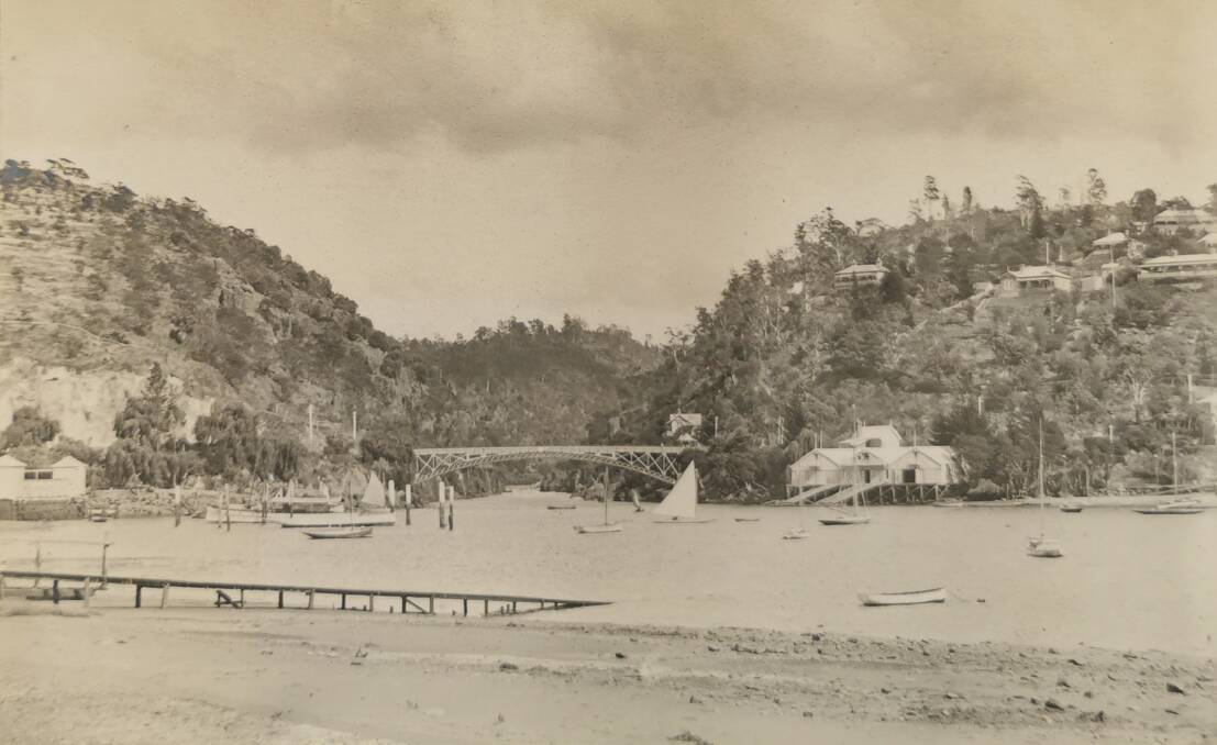 A view of the Cataract Gorge entrance, Kings Bridge, and the yacht basin from the Invalid Depot grounds at low tide. Picture by W Parker, NTCC album, July 1911