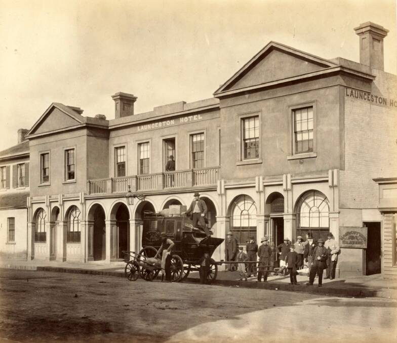 The Launceston Hotel after its rebuild in 1856. This photo is probably about 1868, with the Evandale coach outside. Picture by William Cawston, State Library of Victoria FL15586899