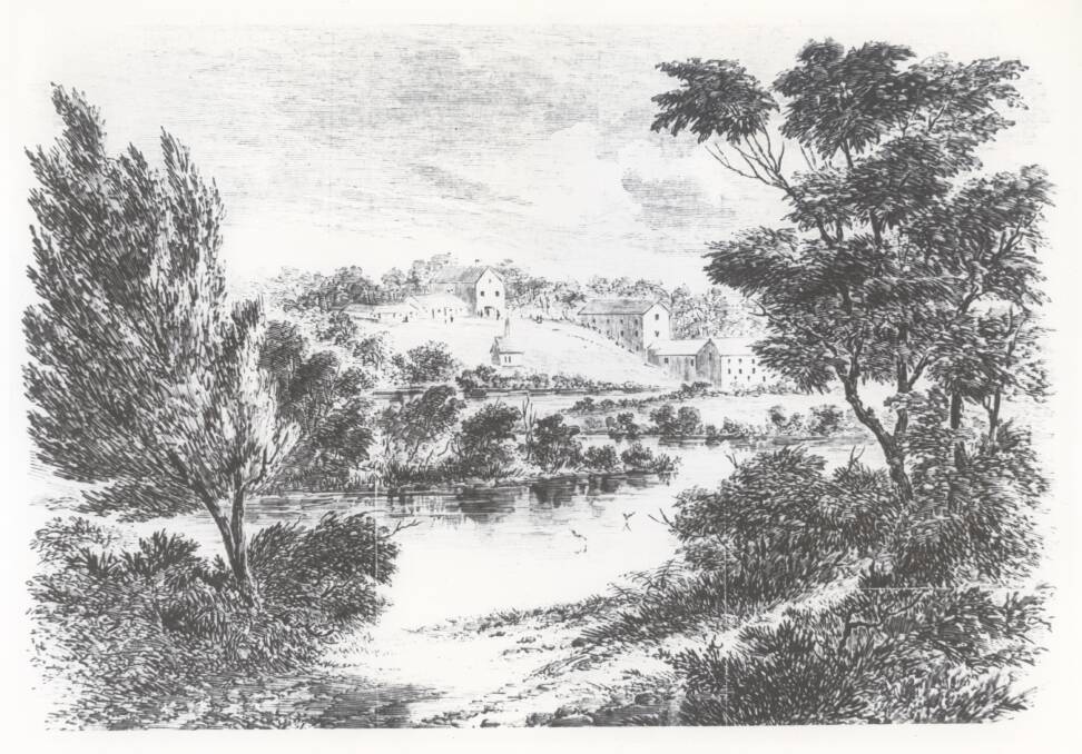 The mill at Scone near Perth, as seen in a wooden etching completed in 1865. Picture: Tasmanian Archives, PH30-1-1150