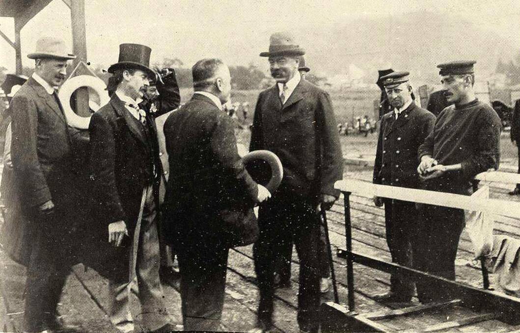 Lord Kitchener at the Launceston wharf on departure, being farewelled by Premier Sir Elliot Lewis and Launceston Mayor William Oldham (in the top hat). Picture by Tasmanian Mail, February 12, 1910 