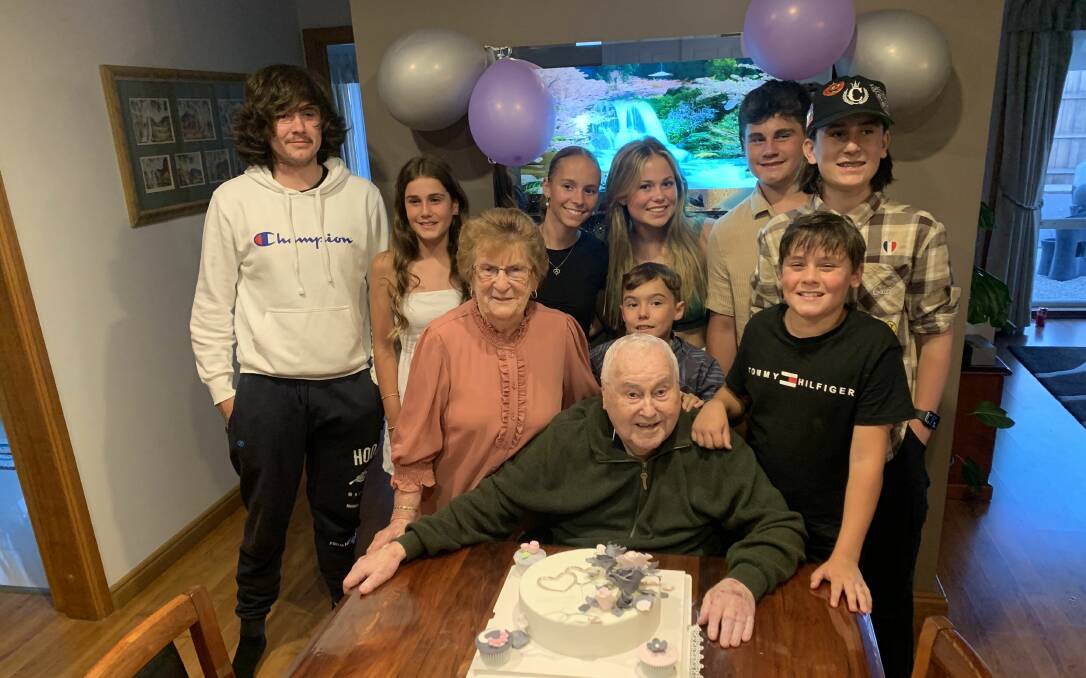 Mr and Mrs Hill with grandchildren and great grandchildren Jaidyn Thomas, Isobel Hill, Chloe, Jorja and Sebastian Thomas, Oliver and Samuel Hill, and Mitchell Thomas. Picture supplied 