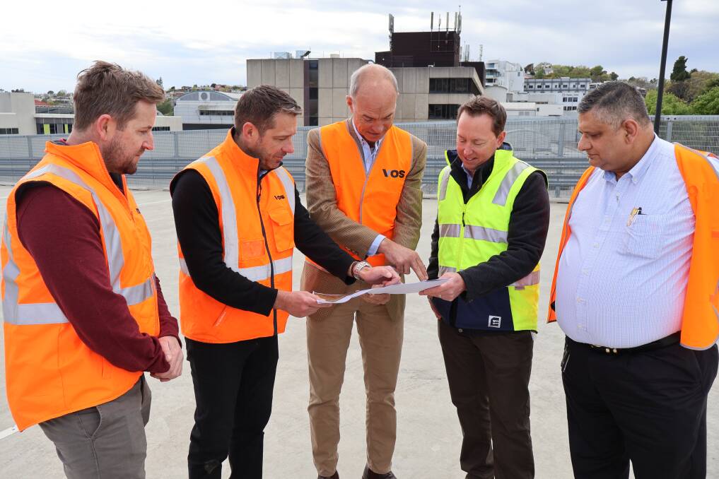 Department of Health project manager Jade Kaye, Vos Constructions' Brent Wilcox, Health Minister Guy Barnett, Department of Health project manager Craig Plaisted and Launceston General Hospital acting chief executive Viney Joshi. Picture supplied