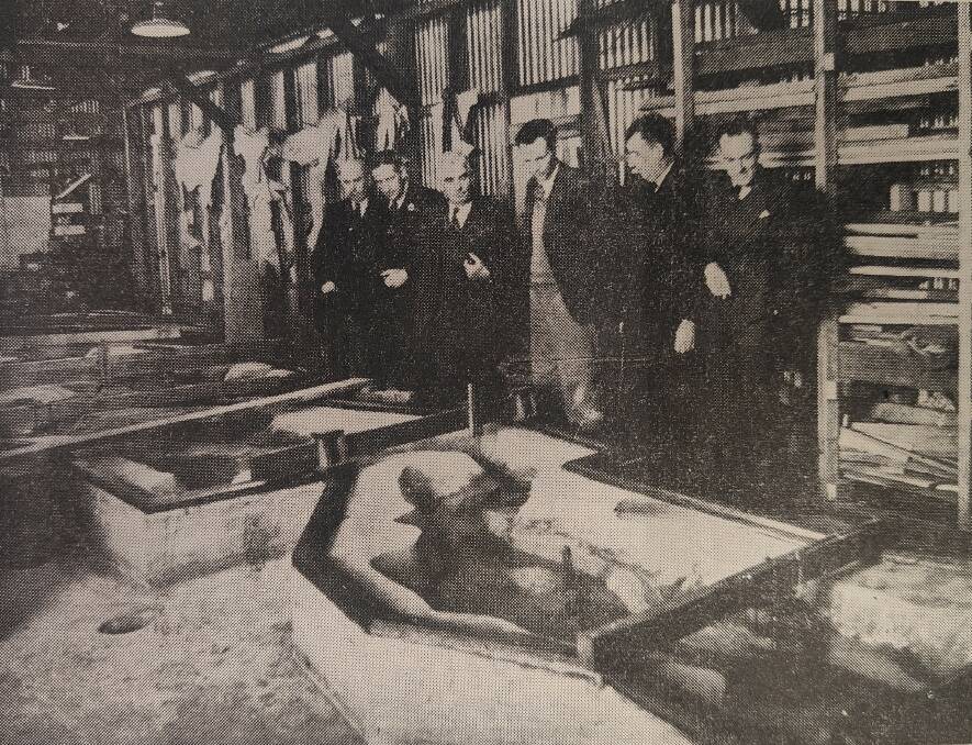 Wardens of the Launceston Marine Board inspecting the working model of the Tamar River. Pictured left to right are GS Meredith, C Carrington, W Robinson, TA Lang (the hydraulic engineer who designed it), W Hart and HS Gray. The model was covered with sand and the shed was used as an air raid shelter during WWII. Picture by The Examiner, August 14, 1940.
