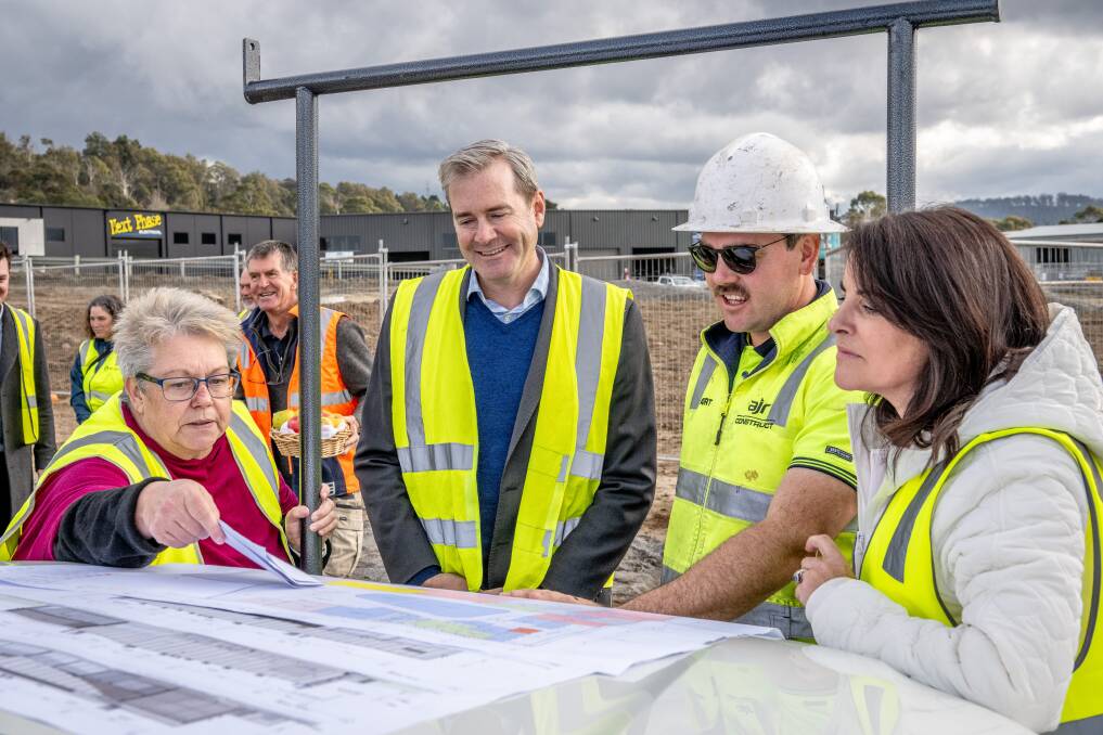 FermenTas treasurer Janine Healey (left) with Deputy Premier Michael Ferguson, AJR Construct site manager Kurt Walters and Education Minister Jo Palmer at the site of Legana's new Fermentation Hub. Picture by Craig George 