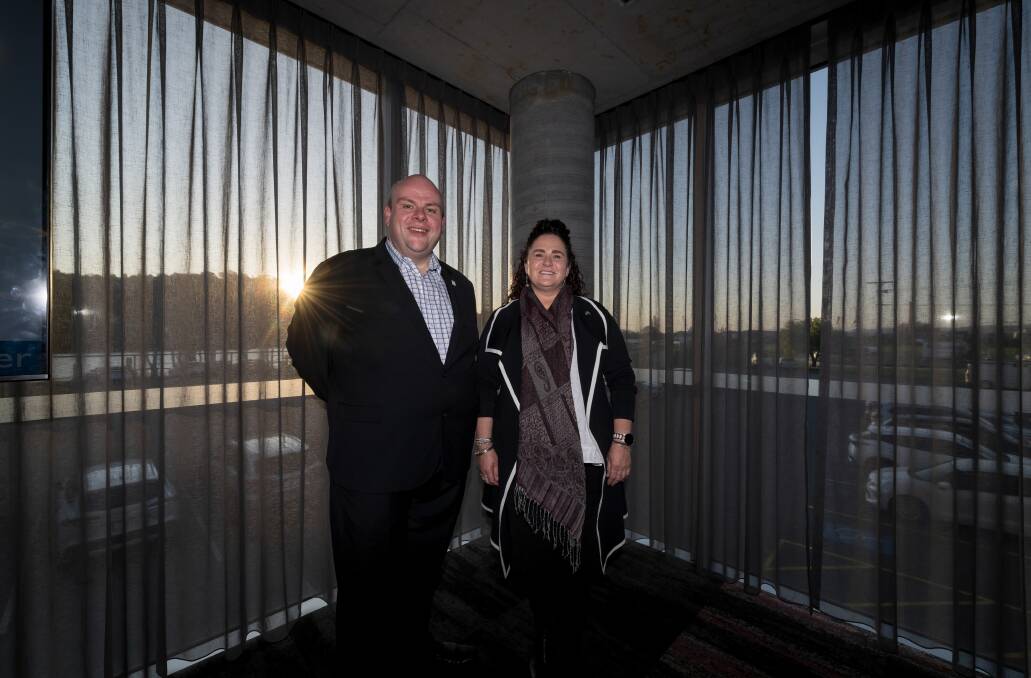 Launceston Chamber of Commerce executive officer Will Cassidy and Spirit Super's Louise Pybus at Peppers Silo. Picture by Phillip Biggs
