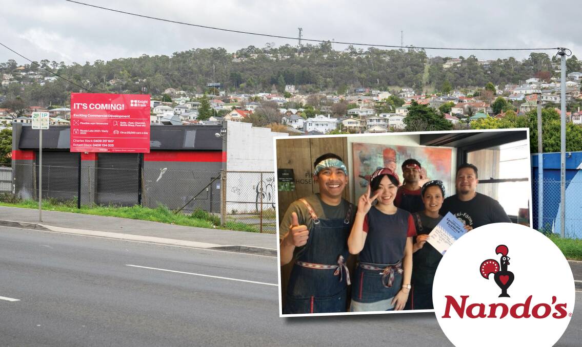Tasmania's Nando's franchisees have confirmed they are "super keen" on moving into Wellington Street. Inset are Tasmanian Nando's staff Renzo Vergara, Vanessa Li, Raed Mo, Anita Khadka and Omar Carrillo. Pictures file, supplied