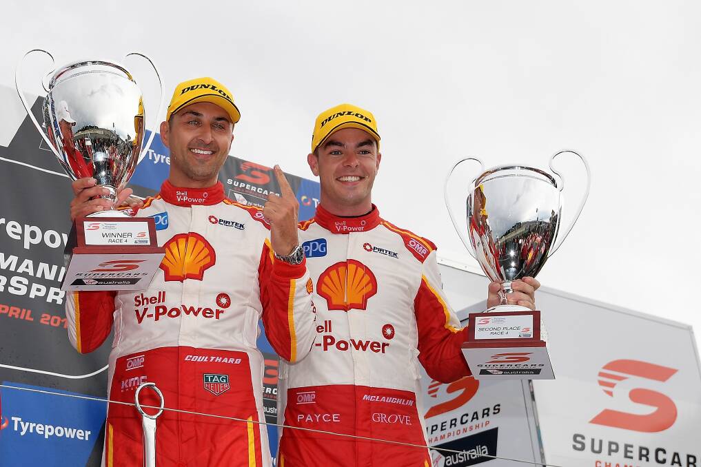 GRINNERS: DJR/team Penske drivers Fabian Coulthard and Scott McLaughlin finished one-two at Symmons Plains last weekend, following on from strong showings in Adelaide. Pictures: Getty Images