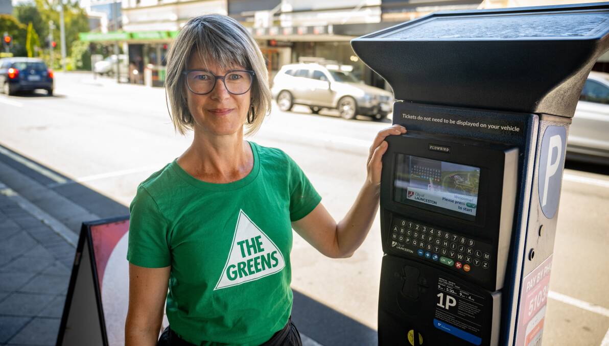 
Greens candidate for BASS Cecily Rosol, with a parking meter in George Street, Launceston. Picture by Paul Scambler.