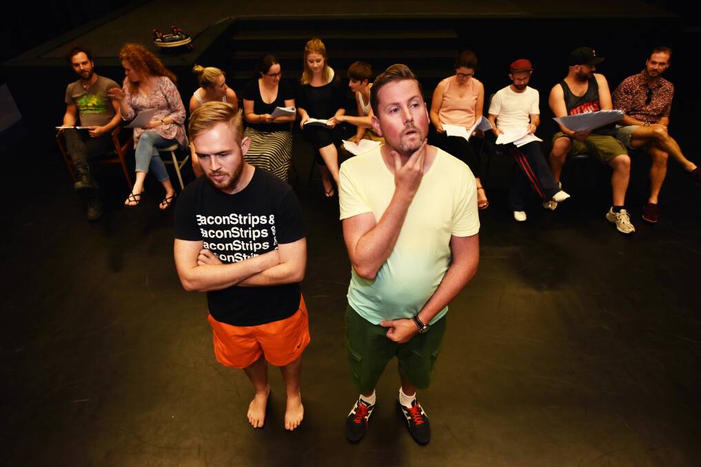 PERFORMING: Mitchell Langley and Gerard Lane rehearse a scene from Always the Bridesmaid, a short play written by former deputy mayor Jeremy Ball. Picture: Scott Gelston