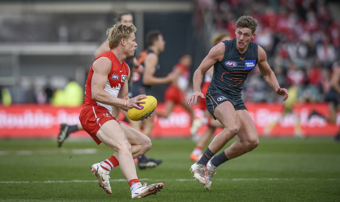 Sydney Swans' Isaac Heeney under pressure from Greater Western Sydney's Harry Perryman at UTAS Stadium. Picture by Craig George 