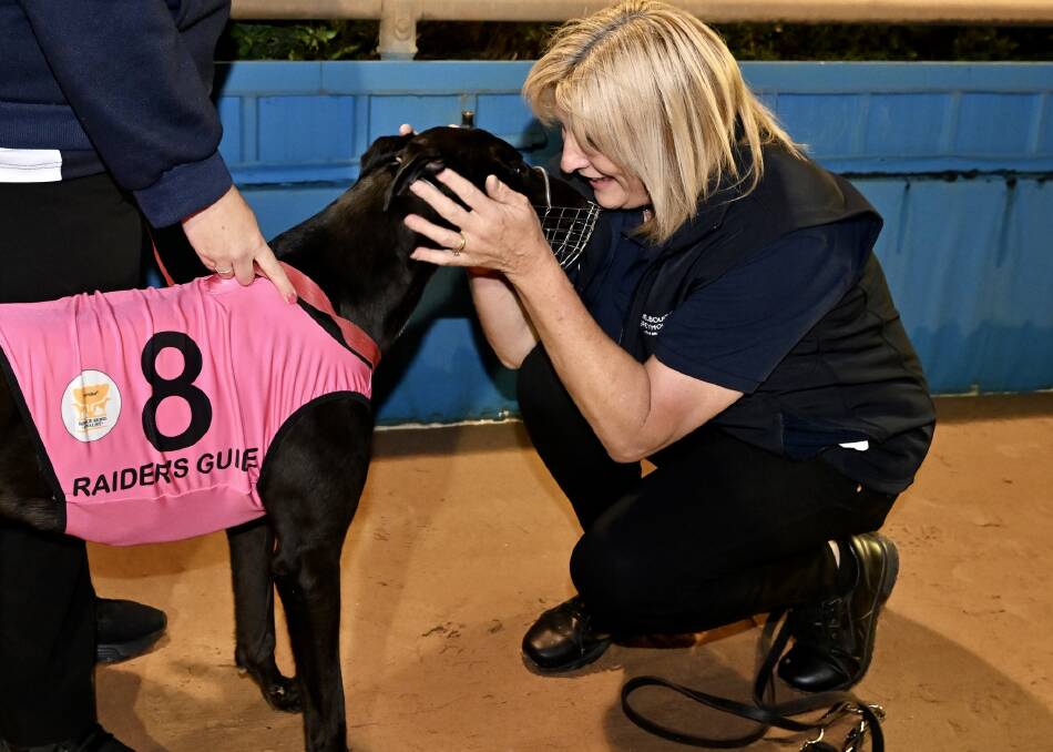 Handler Carol Martin giving cuddles to Raider's Guide after victory in the Group 1 Rookie Rebel at The Meadows on Saturday night. Picture by MGRA