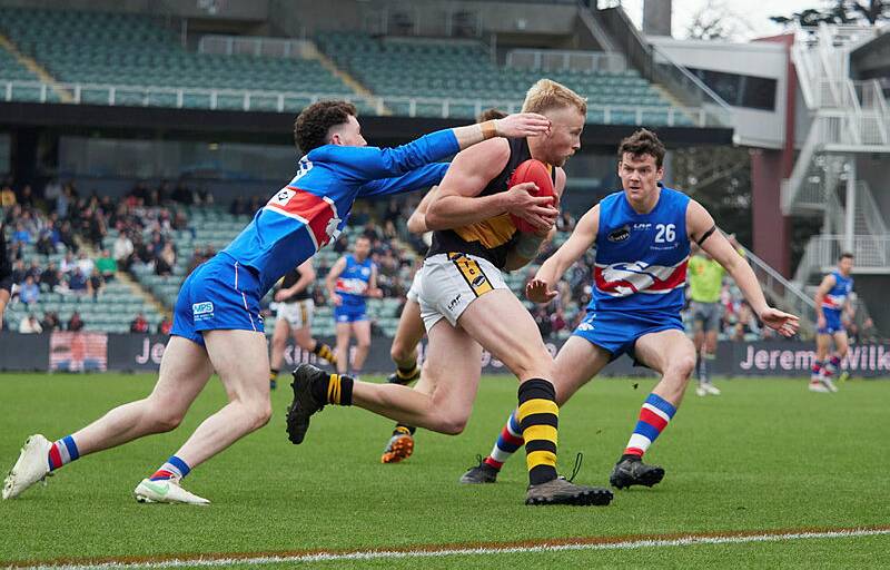 Longford ruck Michael Larby pictured against South Launceston in 2023. He will miss this weekend's match against Bridgenorth. Picture by Rod Thompson 
