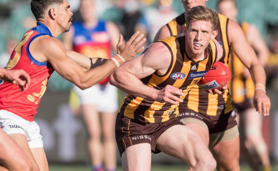 Hawthorn's Sam Frost in action against Brisbane Lions at UTAS Stadium in 2021.
Picture by Phillip Biggs 
