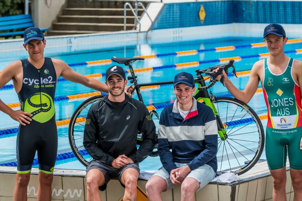 Jamieson Hadley, Jake Birtwhistle, Will Blackaby and Will Jones
ahead of the inaugural Greens Beach Triathlon in 2021. Picture by Phillip Biggs