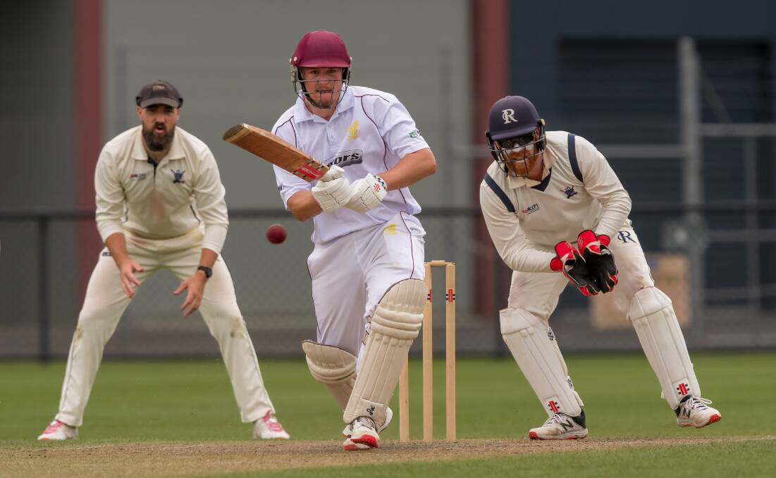 Mowbray batsman Lachlan Dakin at the crease against Riverside at Invermay Park a fortnight ago. Picture by Phillip Biggs
