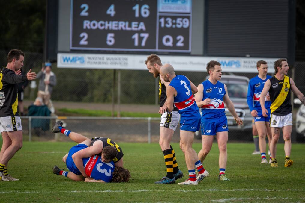 Rocherlea's Josh Ponting played on South Launceston's Jay Blackberry (wearing number three) at times throughout Saturday's match.