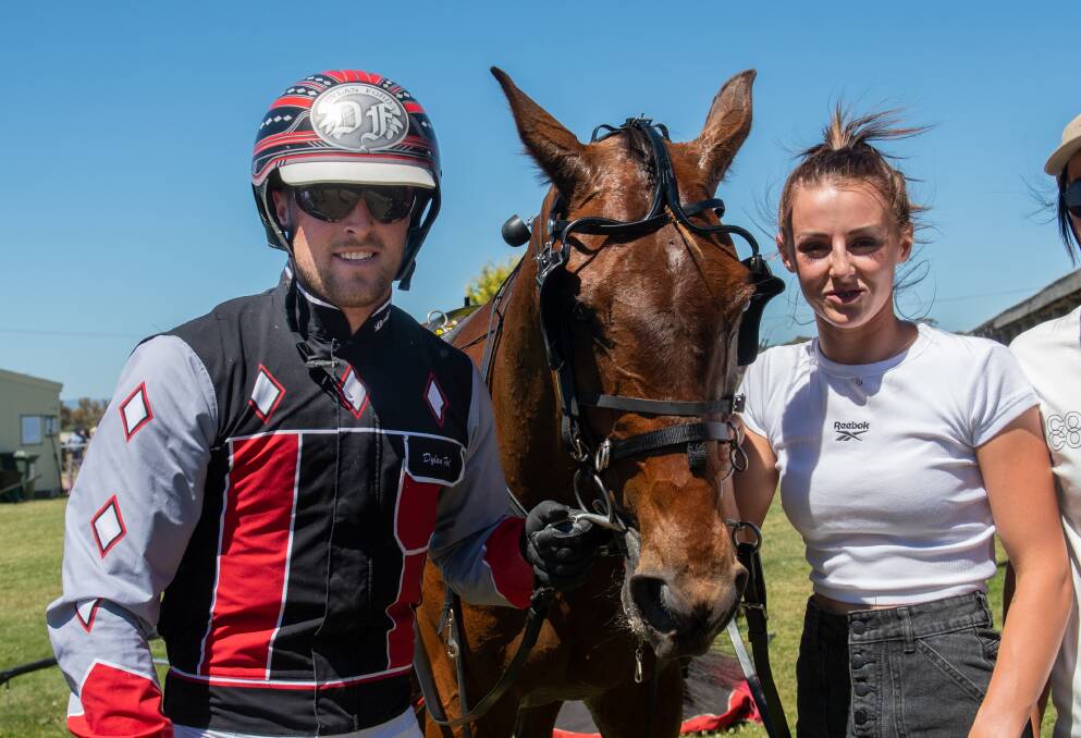 Plunge horse and 1.56.7 winner Wayonbye with driver Dylan Ford and part-owner Chloe Ford.