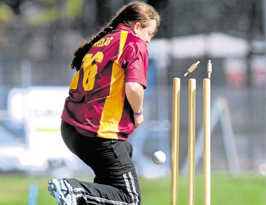 Mowbray wicketkeeper Lynn Hendley watches the bails come off. She kept the Knights on their toes with two stumpings. Picture: NEIL RICHARDSON