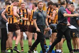 Sam Mitchell (centre) says the Hawks have become more confident about playing their own game style. (James Ross/AAP PHOTOS)