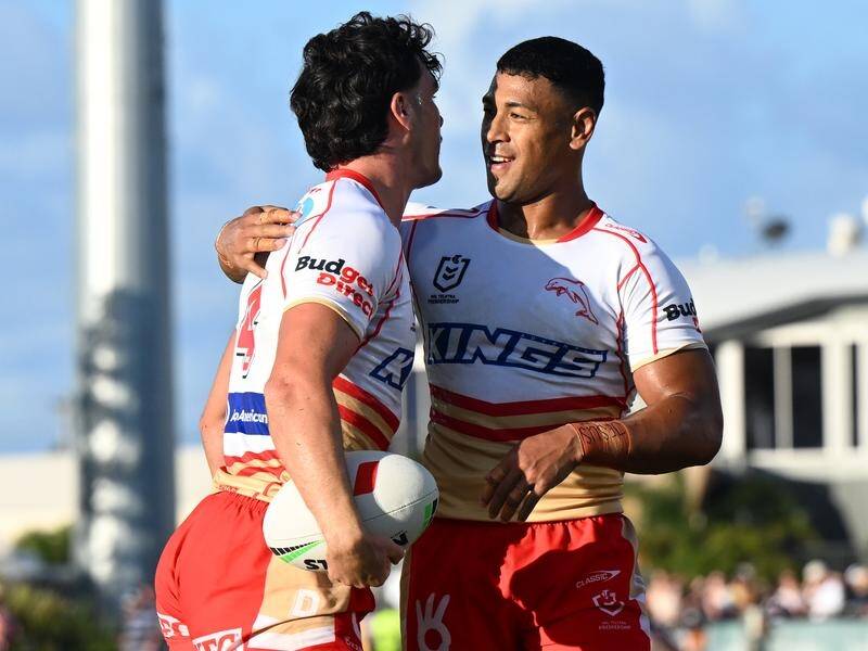 Dolphins centre Herbie Farnworth (L) is excited by his blooming partnership with Jamayne Isaako (R). (Darren England/AAP PHOTOS)