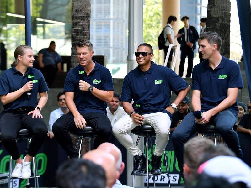 David Warner, second from left, at the Kayo Sports Summer of Cricket Launch in Parramatta. (Bianca De Marchi/AAP PHOTOS)