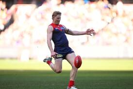 Jacob Van Rooyen kicked four goals in Melbourne's 54-point defeat of West Coast at the MCG. (James Ross/AAP PHOTOS)