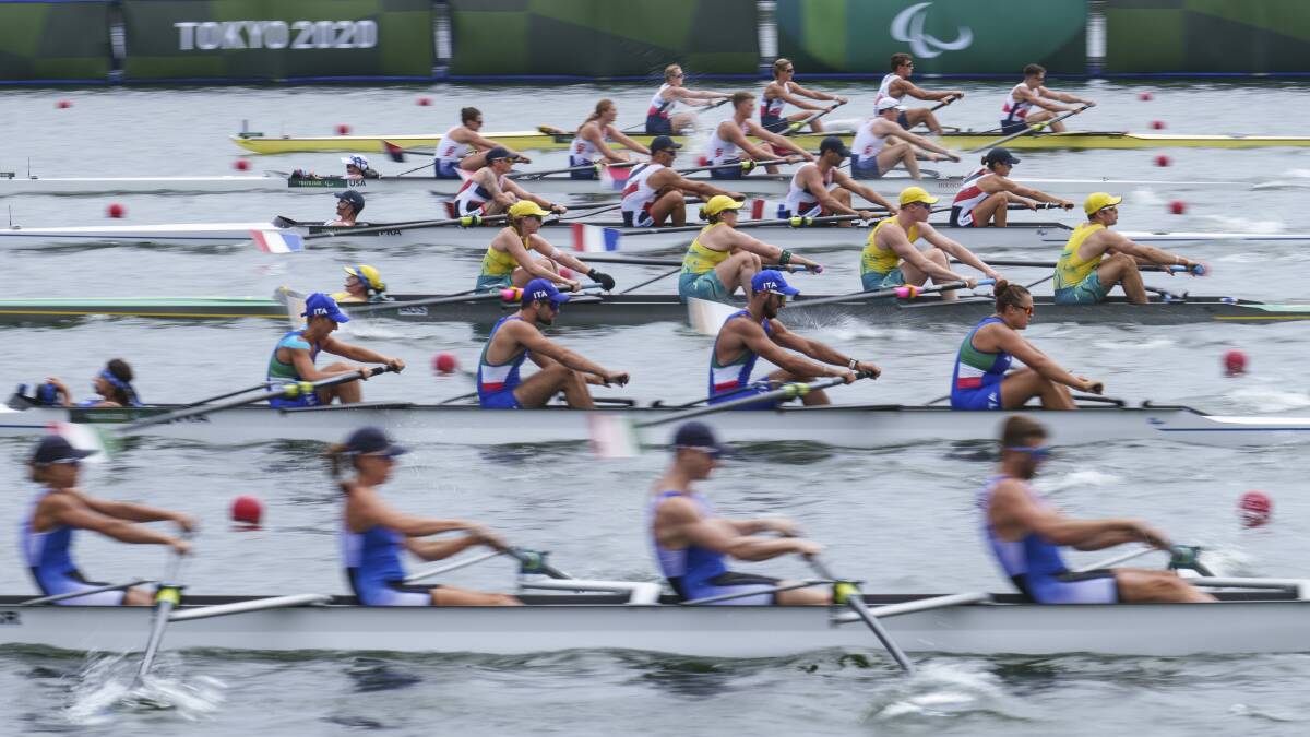 Over-oared: The Australian crew (third from bottom) featuring Alex Viney in the PR3Mix4 final in Tokyo. Picture: EPA