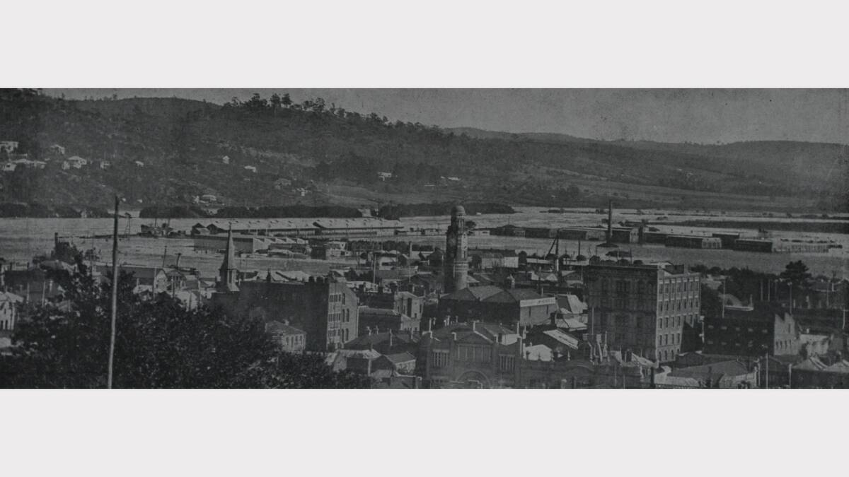 1929 Floods: A panoramic photo that gives a good impression of the flood in the vicinity of the wharves and the Rapson Tyre Works. The Weekly Courier, April 17, 1929.