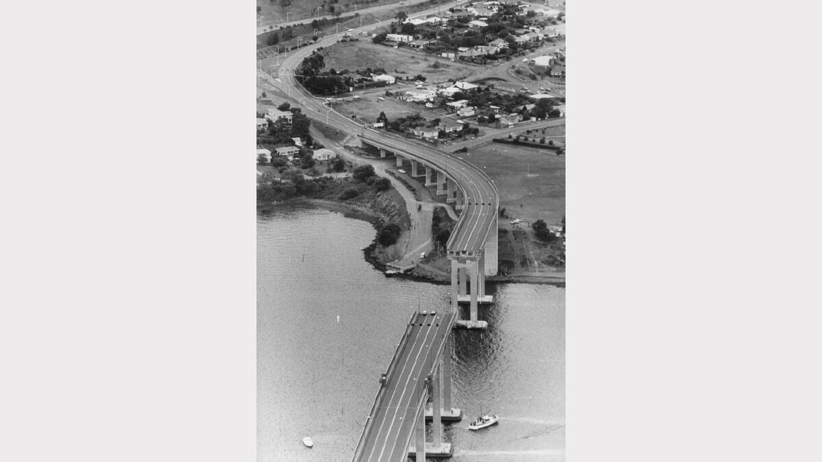 Tasman Bridge Disaster: An aerial shot of the wrecked Hobart Bridge showing the Eastern Shore in January 1975.